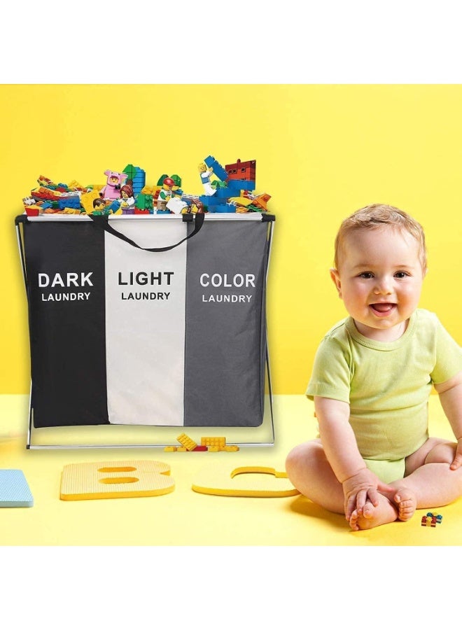 Toys Basket & Triple Sections Laundry Hamper, Large Capacity, Sorting Organizer Foldable with Handles, Oxford Waterproof Fabric, Aluminum Frame Coated Black Chrome - Image 4